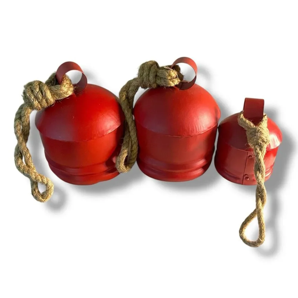 Red Metal Tibetan Inspired Cylindrical Decorative Cow Bells Set of 3 Wood Strike